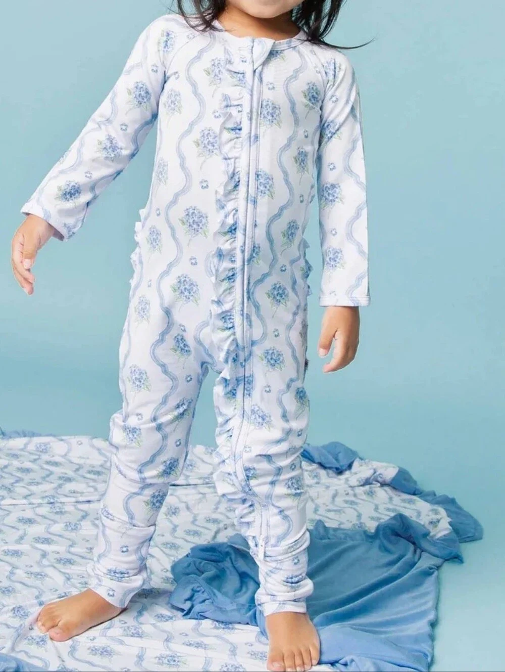 Bums & Roses Light Blue Floral Baby Footed Pajamas